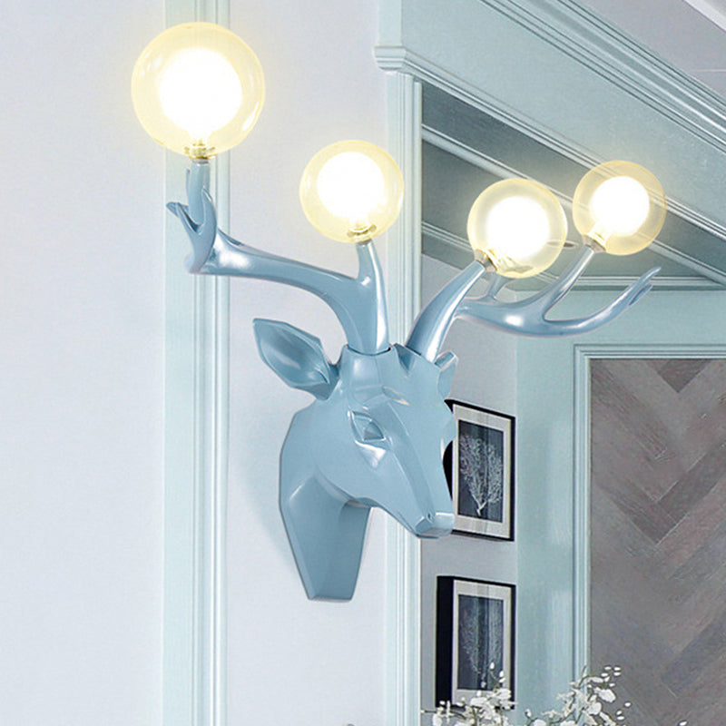 Sika Deer Living Room Wall Lamp Classic Style Resin 4 Heads Black/White/Blue Wall Sconce Light with Orb Clear Crystal Shade Clearhalo 'Wall Lamps & Sconces' 'Wall Lights' Lighting' 1688926