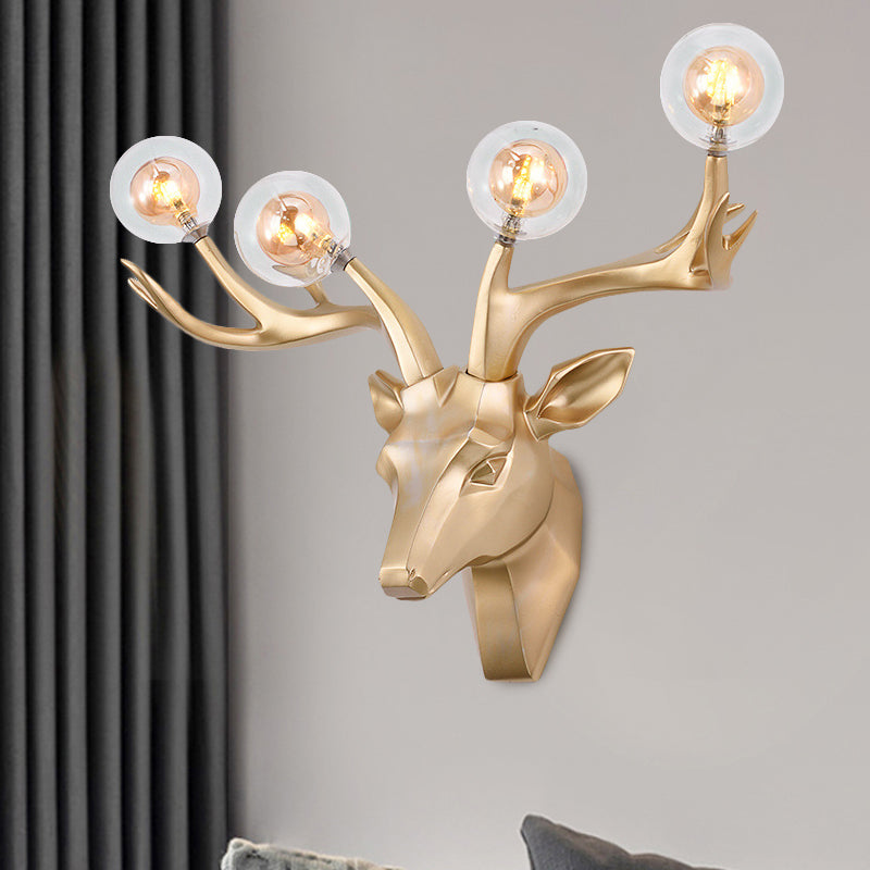 Sika Deer Living Room Wall Lamp Classic Style Resin 4 Heads Black/White/Blue Wall Sconce Light with Orb Clear Crystal Shade Gold Clearhalo 'Wall Lamps & Sconces' 'Wall Lights' Lighting' 1688929