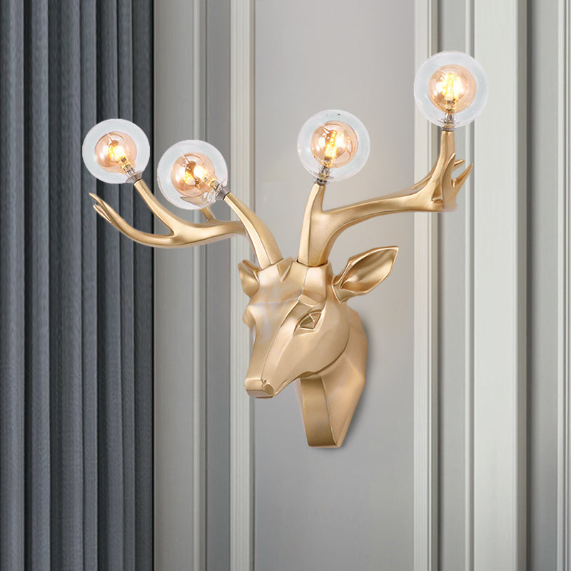 Sika Deer Living Room Wall Lamp Classic Style Resin 4 Heads Black/White/Blue Wall Sconce Light with Orb Clear Crystal Shade Clearhalo 'Wall Lamps & Sconces' 'Wall Lights' Lighting' 1688930