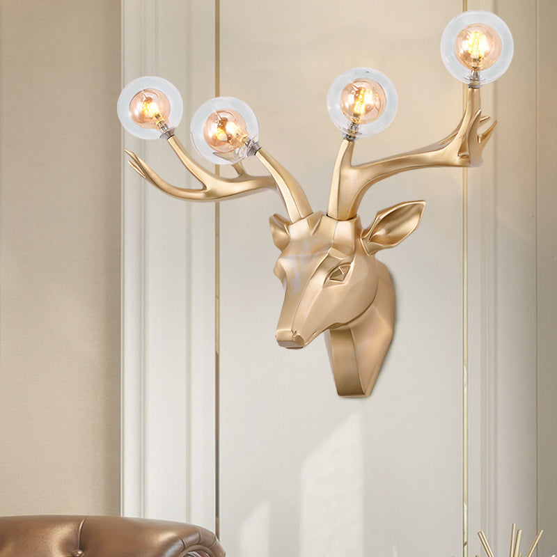 Sika Deer Living Room Wall Lamp Classic Style Resin 4 Heads Black/White/Blue Wall Sconce Light with Orb Clear Crystal Shade Clearhalo 'Wall Lamps & Sconces' 'Wall Lights' Lighting' 1688931