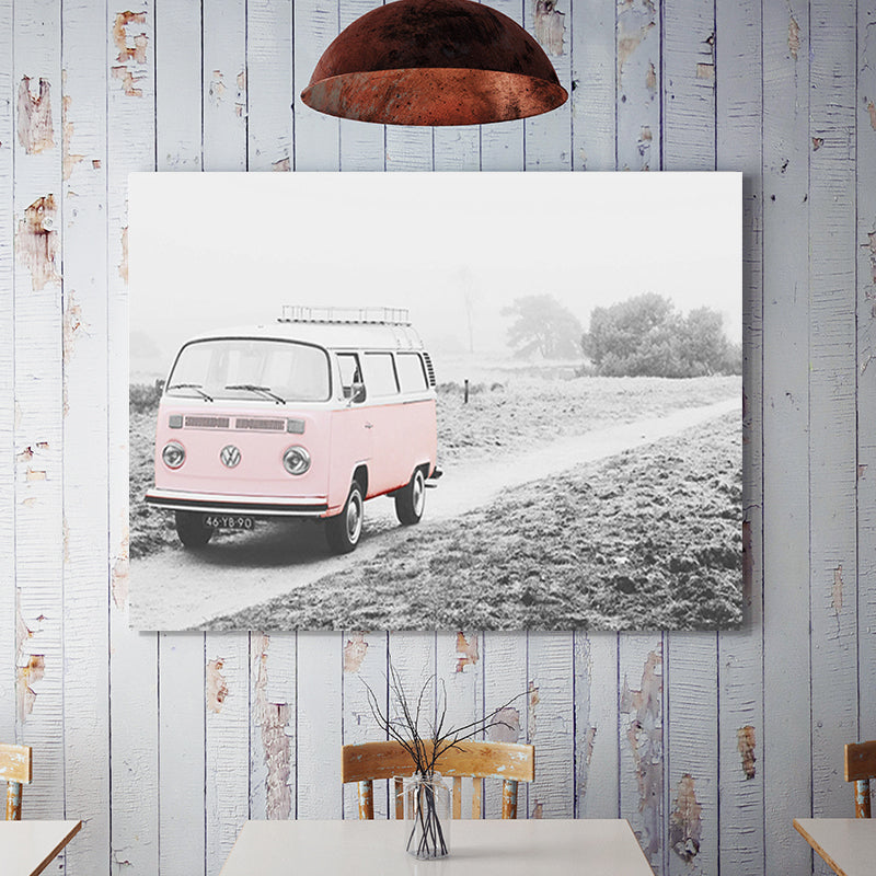 Bus on the Road Art Print in Pink Contemporary Wall Decoration for House Interior Clearhalo 'Art Gallery' 'Canvas Art' 'Contemporary Art Gallery' 'Modern' Arts' 1689811