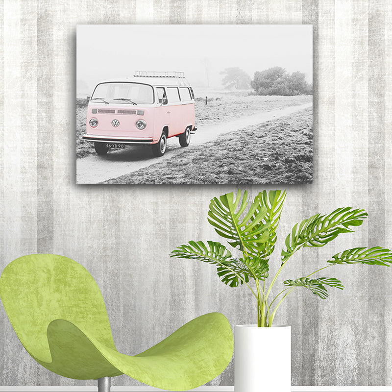 Bus on the Road Art Print in Pink Contemporary Wall Decoration for House Interior Clearhalo 'Art Gallery' 'Canvas Art' 'Contemporary Art Gallery' 'Modern' Arts' 1689812