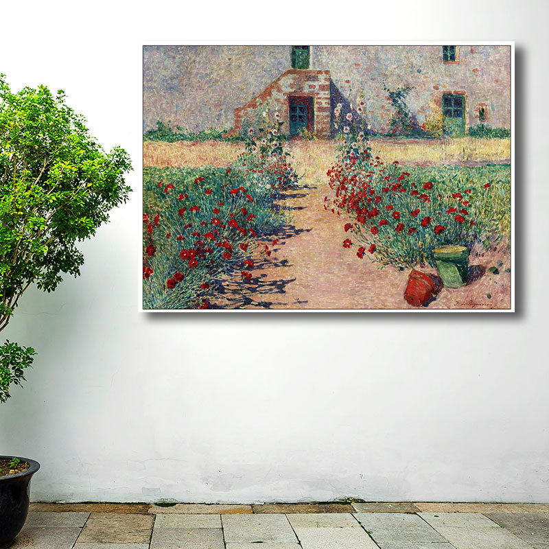 French Country Canvas Art Green House Front Flower Lane Painting for Living Room Green Clearhalo 'Arts' 'Canvas Art' 1689972