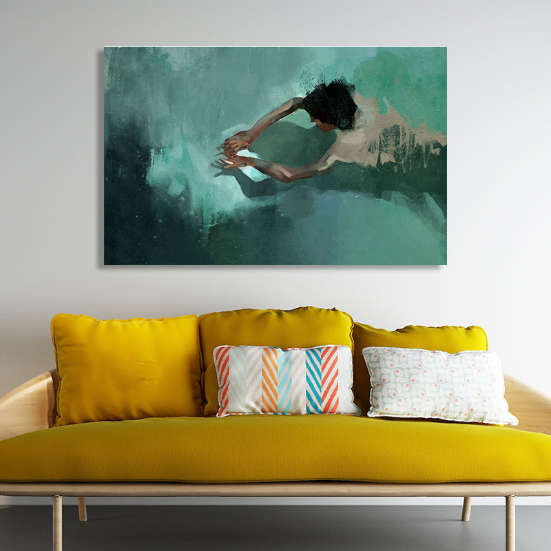 Green Pool and Swimmer Canvas Textured Surface Modern Living Room Wall Art Clearhalo 'Art Gallery' 'Canvas Art' 'Contemporary Art Gallery' 'Modern' Arts' 1690002