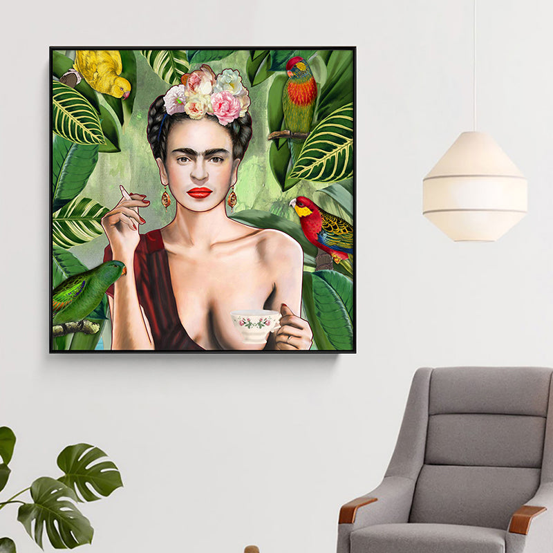 Bohemian Canvas Art in Green Frida Kahlo Self-Portrait Painting for House Interior Green Clearhalo 'Arts' 'Canvas Art' 1690008