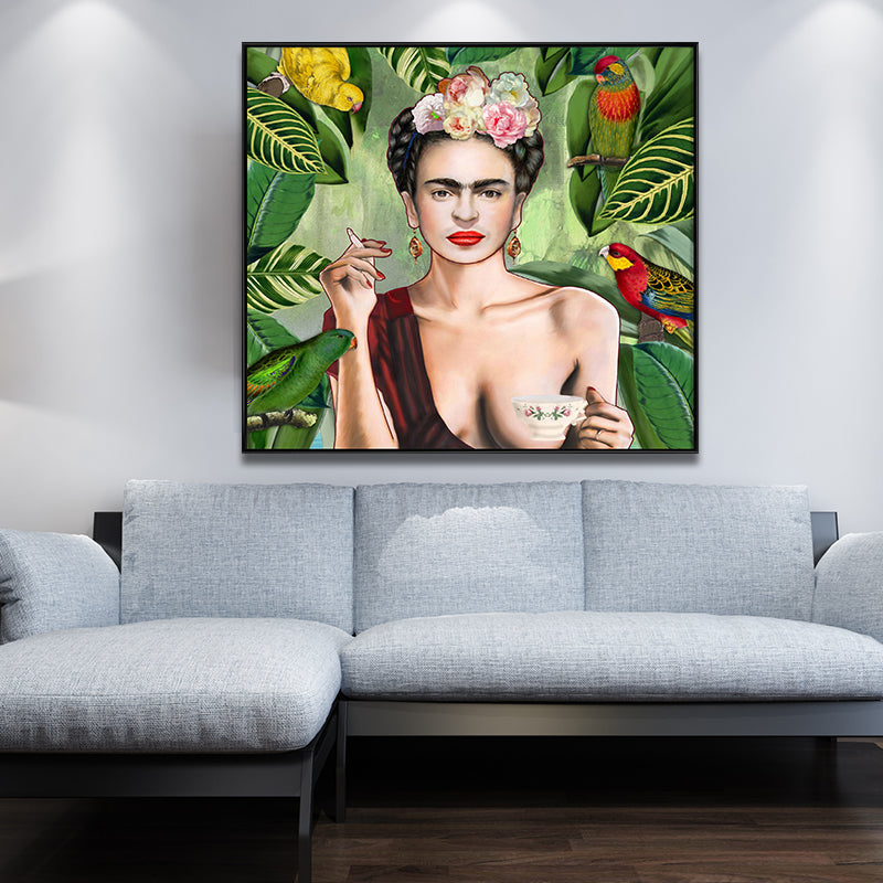 Bohemian Canvas Art in Green Frida Kahlo Self-Portrait Painting for House Interior Clearhalo 'Arts' 'Canvas Art' 1690009