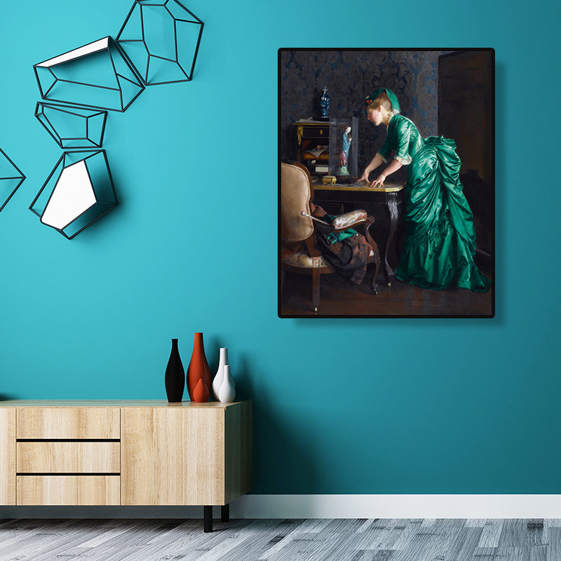 Green Gentlewoman Painting Wall Art Figure Vintage Textured Canvas Print for Room Clearhalo 'Arts' 'Canvas Art' 1690254