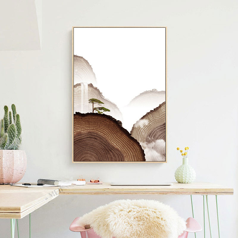 Canvas Brown Art Print Asian Pine Tree and Timber Mountain Wall Decor for Guest Room Clearhalo 'Arts' 'Canvas Art' 1690328