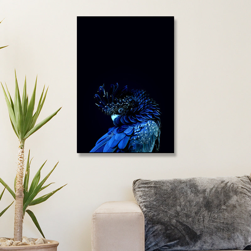 Peacock Head Wall Art Print Modernism Canvas Wall Decor in Blue on Black for Bedroom Clearhalo 'Art Gallery' 'Canvas Art' 'Contemporary Art Gallery' 'Modern' Arts' 1690351