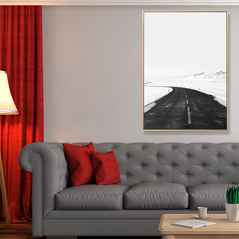 Black Road in Snow Wall Art Print Decorative Minimalism for Drawing Room Wrapped Canvas Clearhalo 'Art Gallery' 'Canvas Art' 'Contemporary Art Gallery' 'Modern' Arts' 1690613
