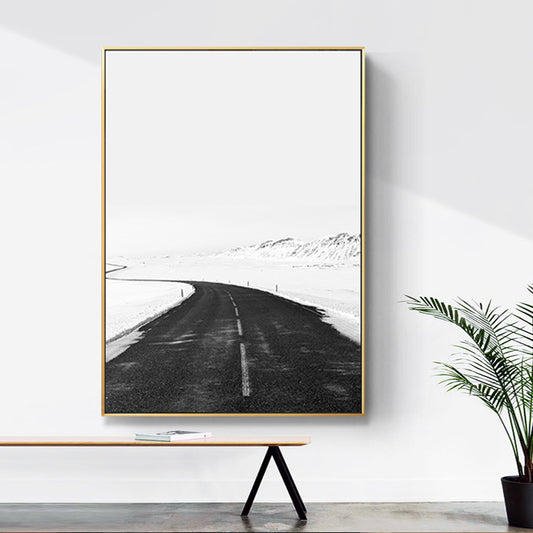 Black Road in Snow Wall Art Print Decorative Minimalism for Drawing Room Wrapped Canvas Clearhalo 'Art Gallery' 'Canvas Art' 'Contemporary Art Gallery' 'Modern' Arts' 1690614
