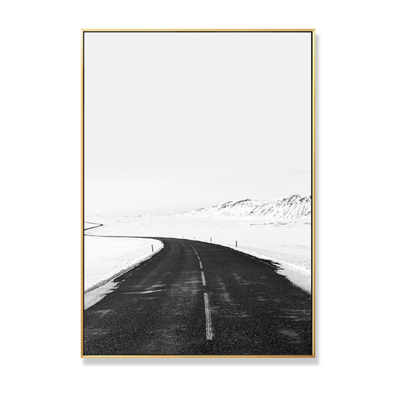 Black Road in Snow Wall Art Print Decorative Minimalism for Drawing Room Wrapped Canvas Clearhalo 'Art Gallery' 'Canvas Art' 'Contemporary Art Gallery' 'Modern' Arts' 1690615