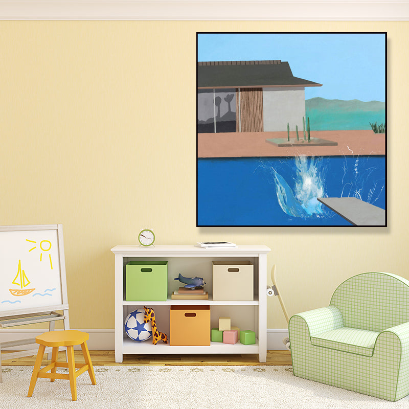 House and Swimming Pool Canvas Textured Contemporary Style for Boys Bedroom Painting Clearhalo 'Art Gallery' 'Canvas Art' 'Contemporary Art Gallery' 'Modern' Arts' 1690716