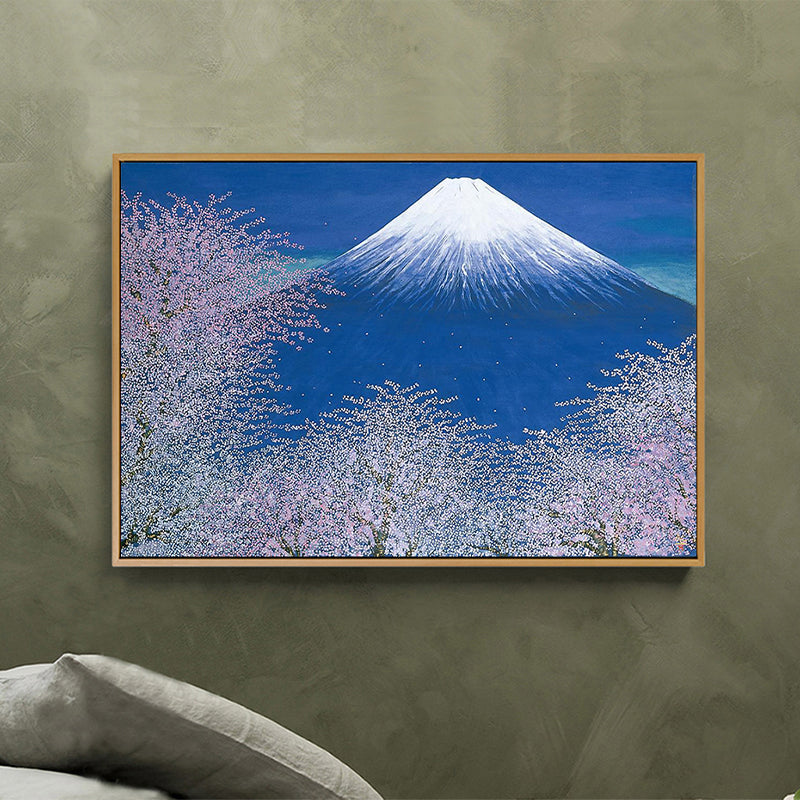 Canvas Blue Wall Decor Contemporary Style Cherry Blossom and Snow Mountain Painting Clearhalo 'Art Gallery' 'Canvas Art' 'Contemporary Art Gallery' 'Modern' Arts' 1690860