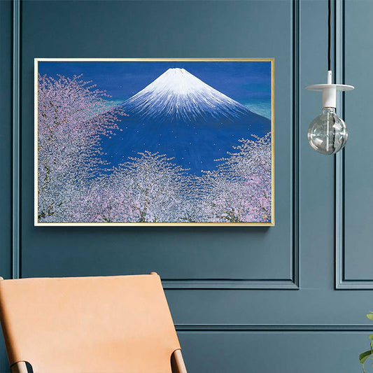 Canvas Blue Wall Decor Contemporary Style Cherry Blossom and Snow Mountain Painting Clearhalo 'Art Gallery' 'Canvas Art' 'Contemporary Art Gallery' 'Modern' Arts' 1690861