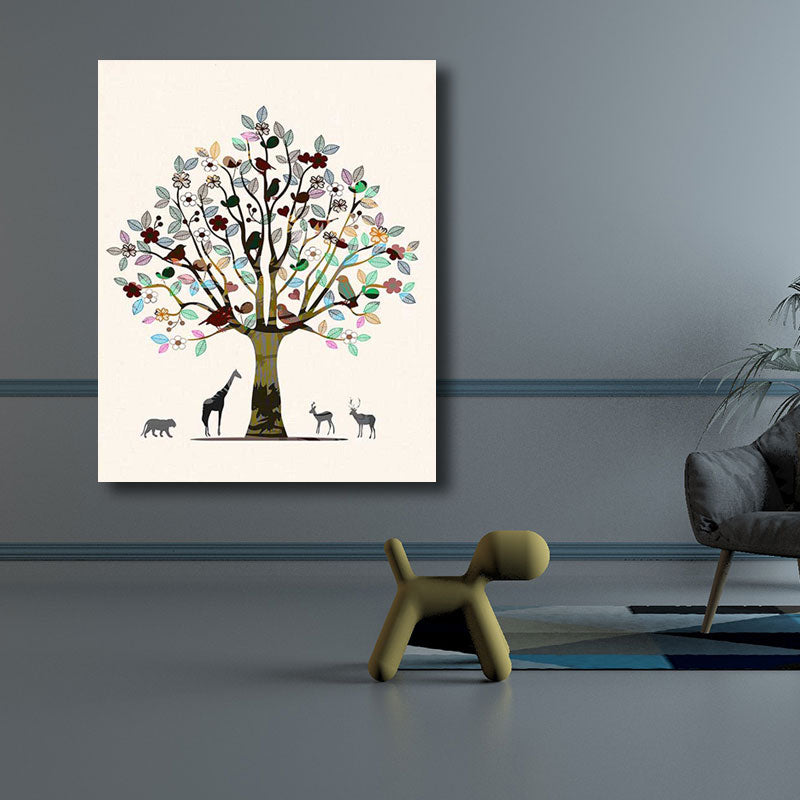 Scandinavian Tree and Animals Canvas Art Brown Decorative Wall Decor for Drawing Room Brown Clearhalo 'Arts' 'Canvas Art' 1690915