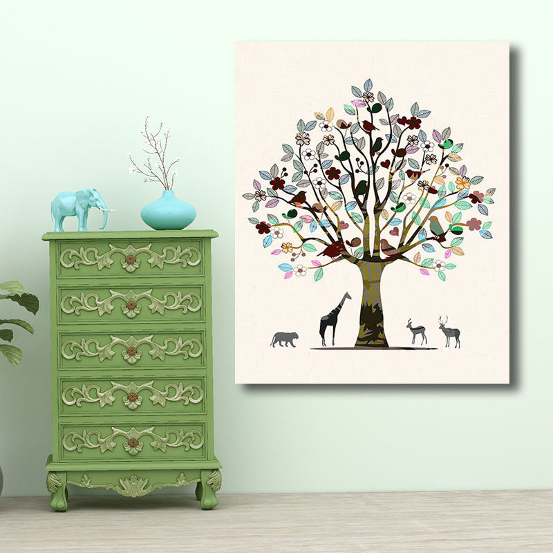 Scandinavian Tree and Animals Canvas Art Brown Decorative Wall Decor for Drawing Room Clearhalo 'Arts' 'Canvas Art' 1690916