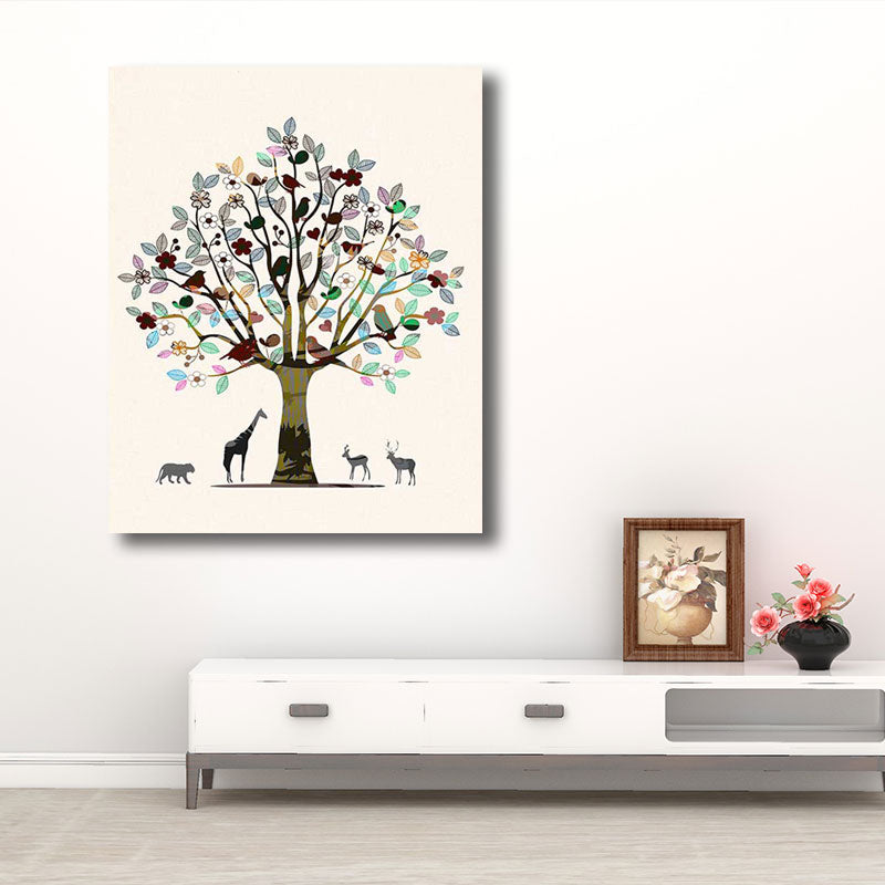 Scandinavian Tree and Animals Canvas Art Brown Decorative Wall Decor for Drawing Room Clearhalo 'Arts' 'Canvas Art' 1690917