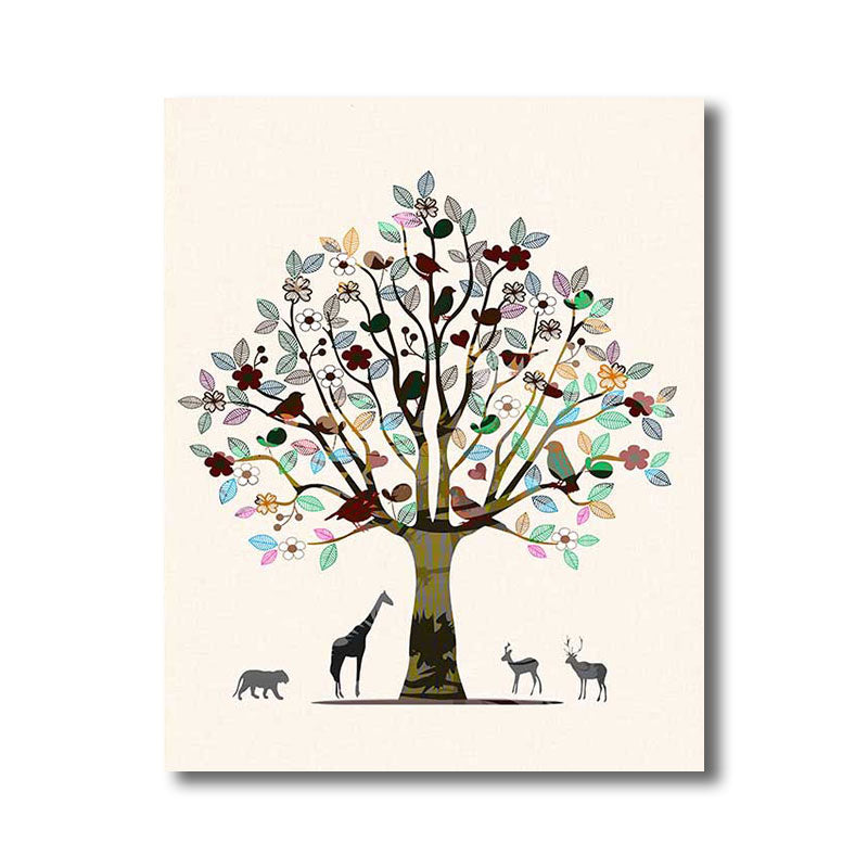 Scandinavian Tree and Animals Canvas Art Brown Decorative Wall Decor for Drawing Room Clearhalo 'Arts' 'Canvas Art' 1690918