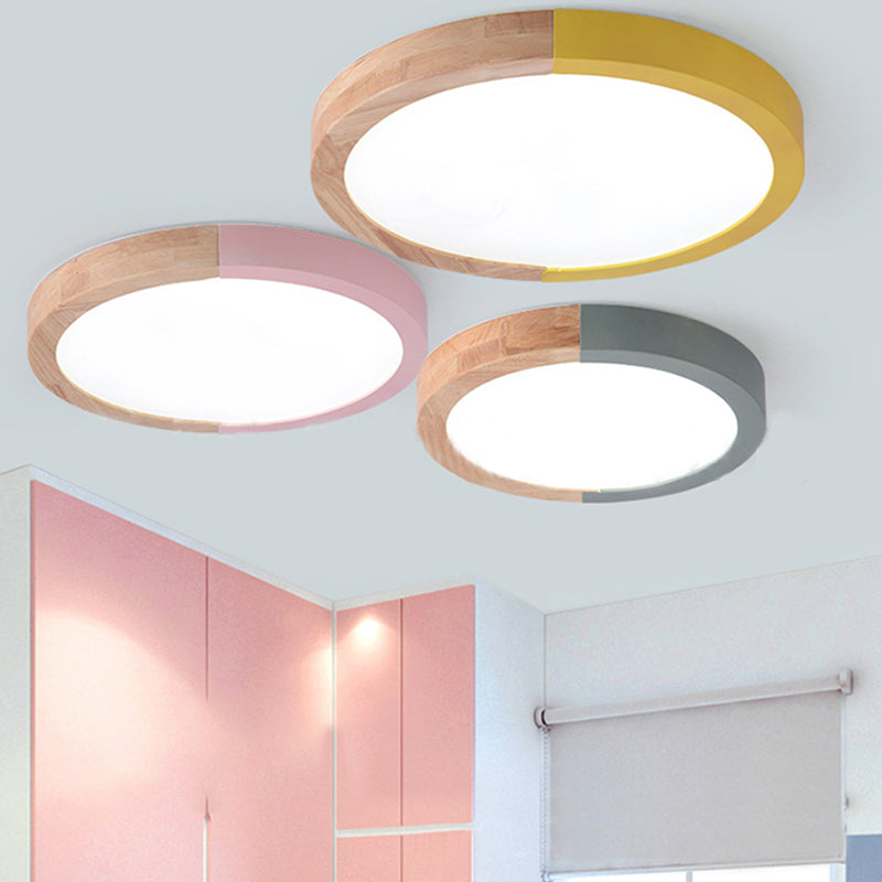 Drum Flush Mount Light, Modern Ceiling Light with Wood and Acrylic Round Shade for Kids Bedroom Clearhalo 'Ceiling Lights' 'Close To Ceiling Lights' 'Close to ceiling' 'Flush mount' Lighting' 169116