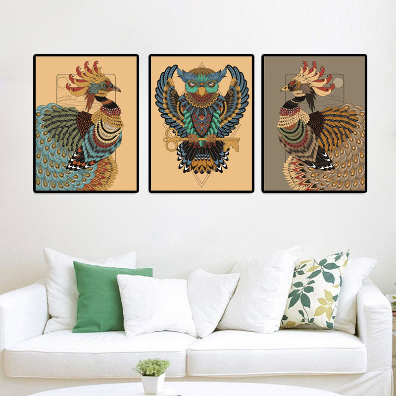 Owl Wall Art Print Bohemian Beautiful Peacock Canvas in Brown, Multiple Size Options Brown Design 1 Clearhalo 'Arts' 'Canvas Art' 1691189