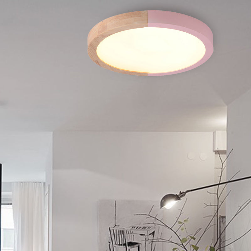 Drum Flush Mount Light, Modern Ceiling Light with Wood and Acrylic Round Shade for Kids Bedroom Pink White Clearhalo 'Ceiling Lights' 'Close To Ceiling Lights' 'Close to ceiling' 'Flush mount' Lighting' 169121