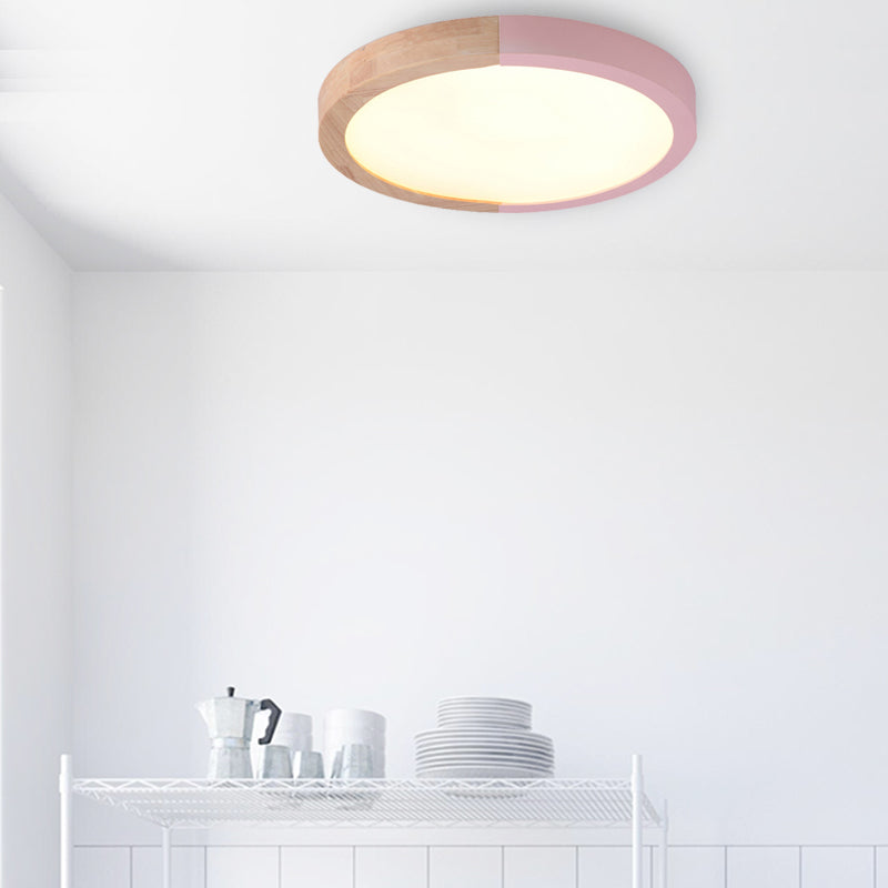 Drum Flush Mount Light, Modern Ceiling Light with Wood and Acrylic Round Shade for Kids Bedroom Clearhalo 'Ceiling Lights' 'Close To Ceiling Lights' 'Close to ceiling' 'Flush mount' Lighting' 169122