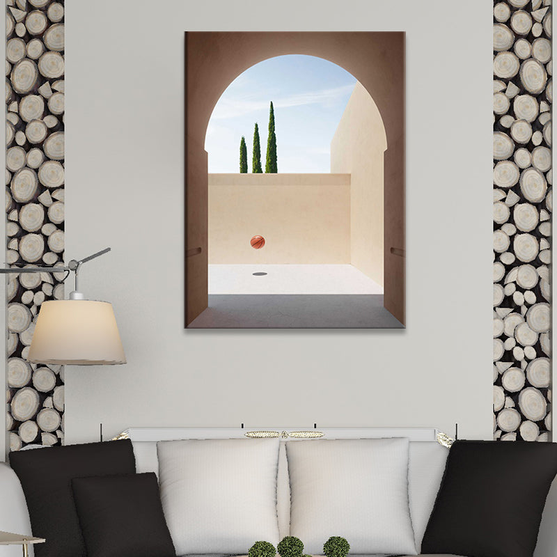 Building and Tree Wall Decor Contemporary Textured Canvas Print in Soft Color for Bedroom Clearhalo 'Art Gallery' 'Canvas Art' 'Contemporary Art Gallery' 'Modern' Arts' 1691234