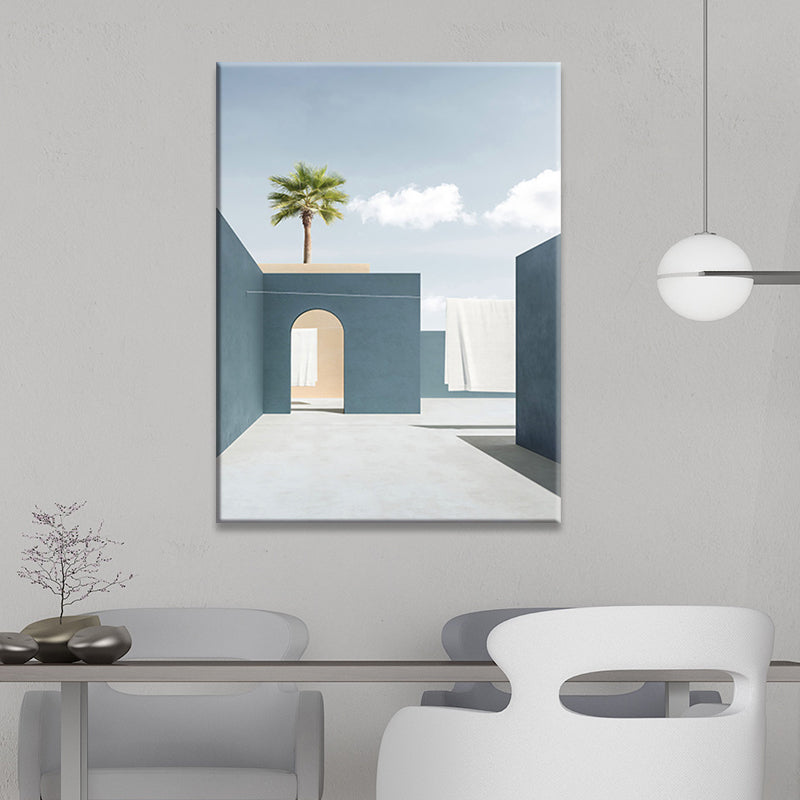 Building and Tree Wall Decor Contemporary Textured Canvas Print in Soft Color for Bedroom Blue Clearhalo 'Art Gallery' 'Canvas Art' 'Contemporary Art Gallery' 'Modern' Arts' 1691248