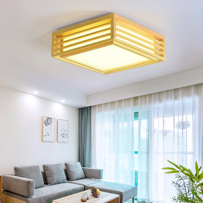 Japanese Beige LED Flush Ceiling Light Square Acrylic Living Room Ceiling Lamp in Warm/White Light with Wood Cage Wood Clearhalo 'Ceiling Lights' 'Close To Ceiling Lights' 'Close to ceiling' 'Flush mount' Lighting' 169131