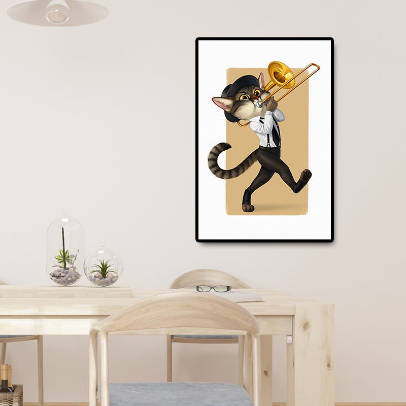 Textured Light Color Paintings Contemporary Cat Playing Instrument Canvas Wall Art Brown Clearhalo 'Art Gallery' 'Canvas Art' 'Contemporary Art Gallery' 'Modern' Arts' 1691342