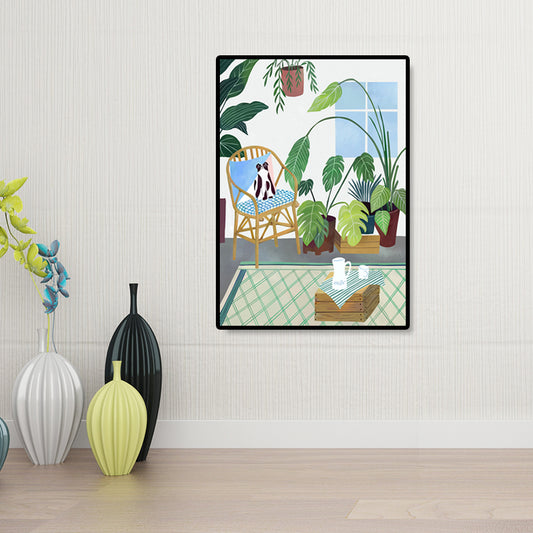 Cat Wrapped Canvas Simplicity Relaxing Potted Plant Wall Art Decor in Green for Parlor Clearhalo 'Art Gallery' 'Canvas Art' 'Contemporary Art Gallery' 'Modern' Arts' 1691408