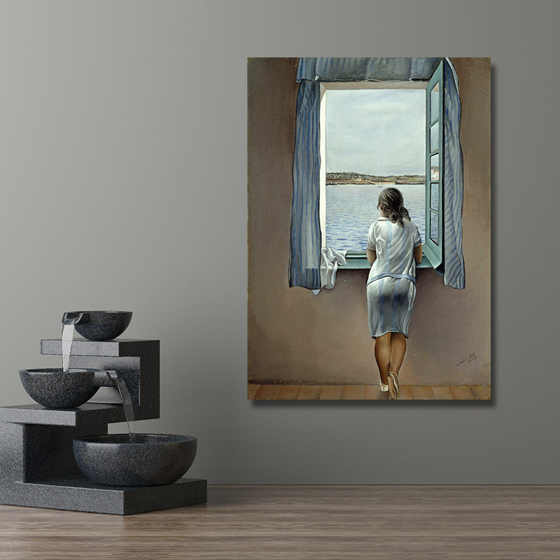 Girl at the Window Art Print Surrealism Excellent Salvador Dali Painting in Blue Clearhalo 'Art Gallery' 'Canvas Art' 'Contemporary Art Gallery' 'Modern' Arts' 1691414