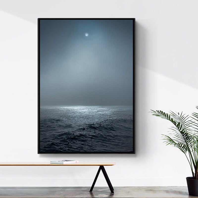 Photograph Style Modern Canvas Wall Art with Sea at Night Pattern in Blue for Bedroom Clearhalo 'Art Gallery' 'Canvas Art' 'Contemporary Art Gallery' 'Modern' Arts' 1691608