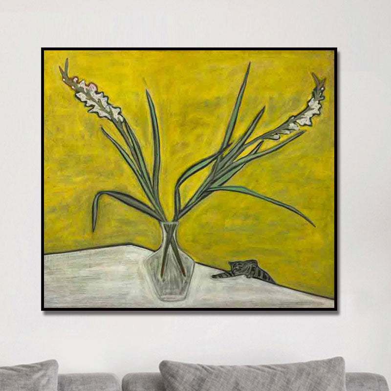 Scandinavian Flower and Vase Painting Yellow Textured Wall Art Decor for Dining Room Clearhalo 'Art Gallery' 'Canvas Art' 'Contemporary Art Gallery' 'Modern' Arts' 1691832