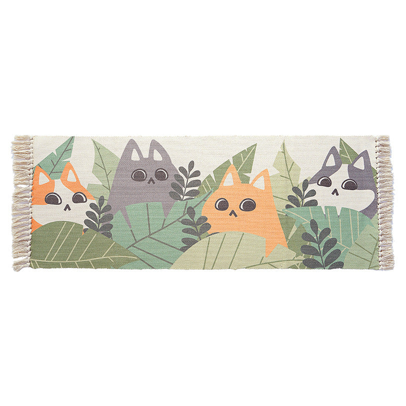 Green and Ivory Nursery Rug Kids Animal Cat Fish Pattern Area Rug Cotton Pet Friendly Carpet with Fringe Green 2' x 5'11" Clearhalo 'Area Rug' 'Rug' 1692577