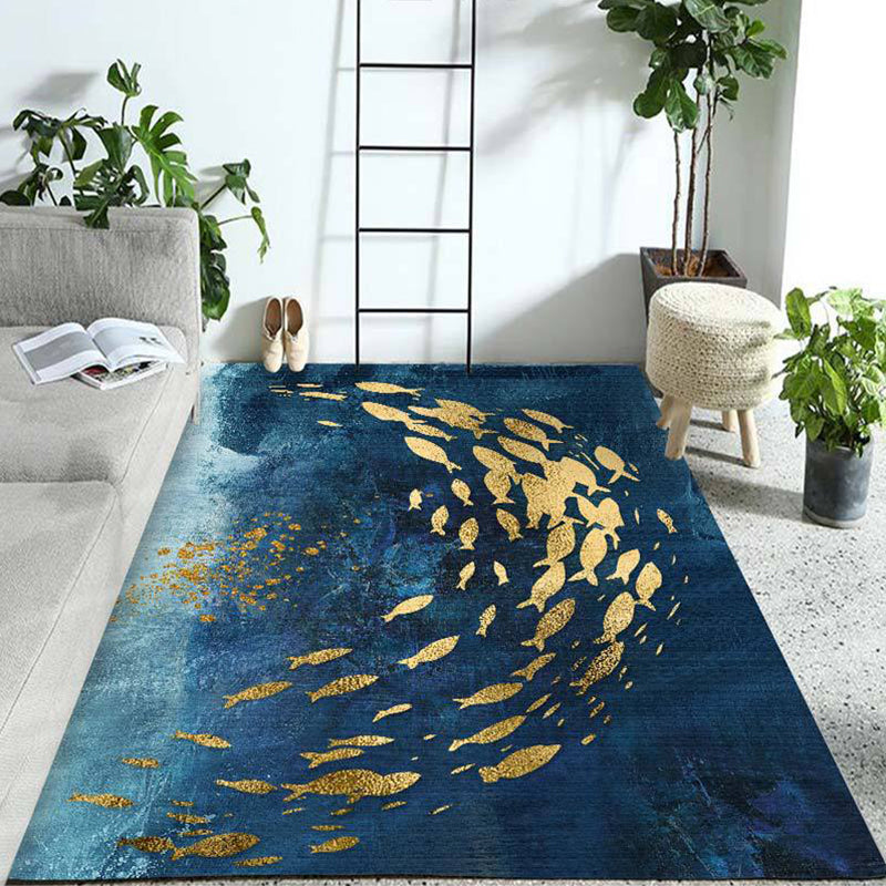 Blue and Gold Bedroom Rug Modern Abstract Pattern Area Rug Polyester Stain-Resistant Carpet Dark Blue Clearhalo 'Area Rug' 'Modern' 'Rugs' Rug' 1692754