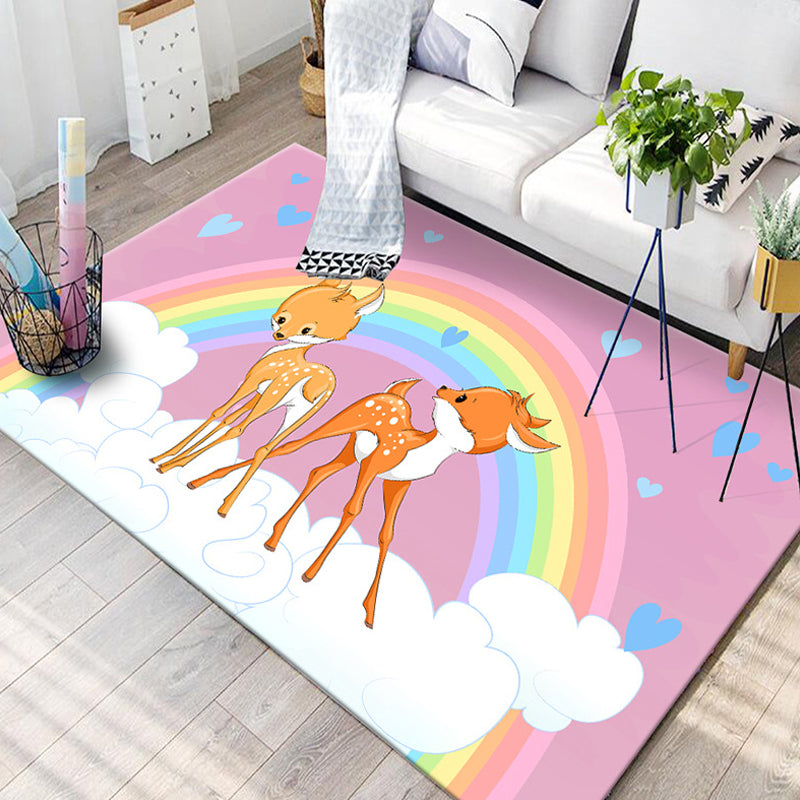 Black and Blue Nursery Rug Kids Animal Butterfly Deer Whale Pattern Area Rug Polyester Machine Washable Carpet Pink Clearhalo 'Area Rug' 'Rug' 1693494