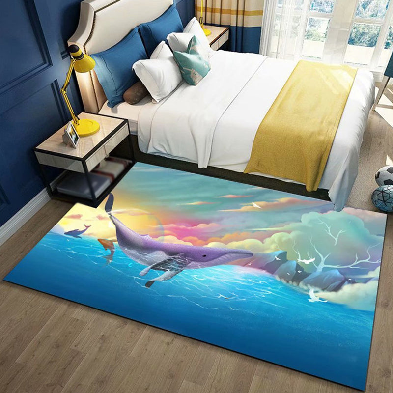 Black and Blue Nursery Rug Kids Animal Butterfly Deer Whale Pattern Area Rug Polyester Machine Washable Carpet Dark Blue Clearhalo 'Area Rug' 'Rug' 1693503