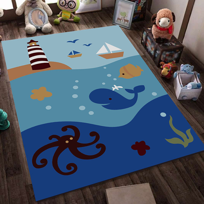 Blue and Black Nursery Rug Kids Fairy Tales Whale Ocean Pencil Pattern Area Rug Polyester Washable Carpet Dark Blue Clearhalo 'Area Rug' 'Rug' 1693555