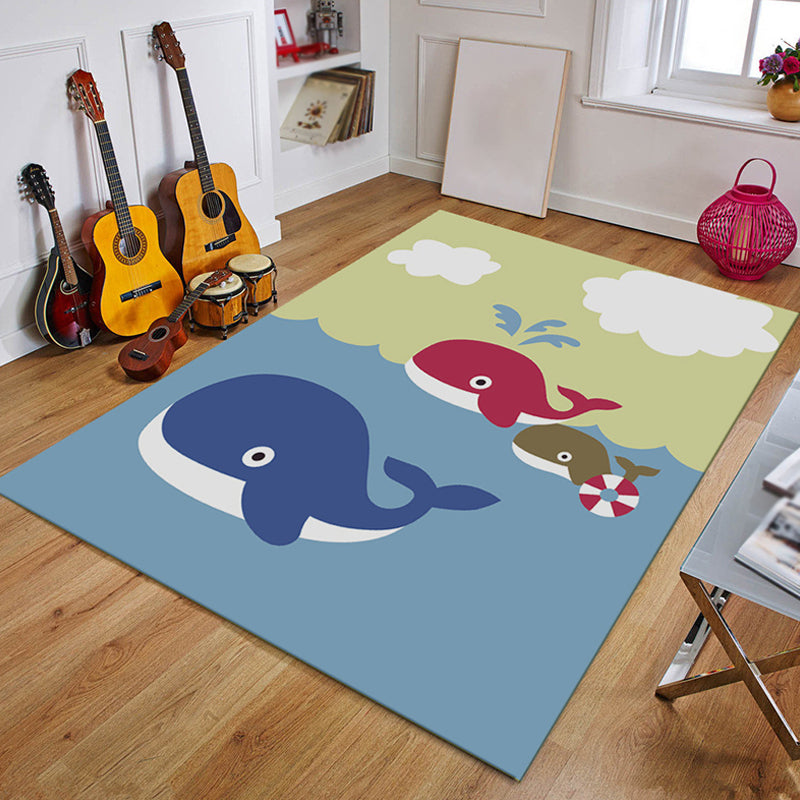 Blue and Black Nursery Rug Kids Fairy Tales Whale Ocean Pencil Pattern Area Rug Polyester Washable Carpet Blue Clearhalo 'Area Rug' 'Rug' 1693563