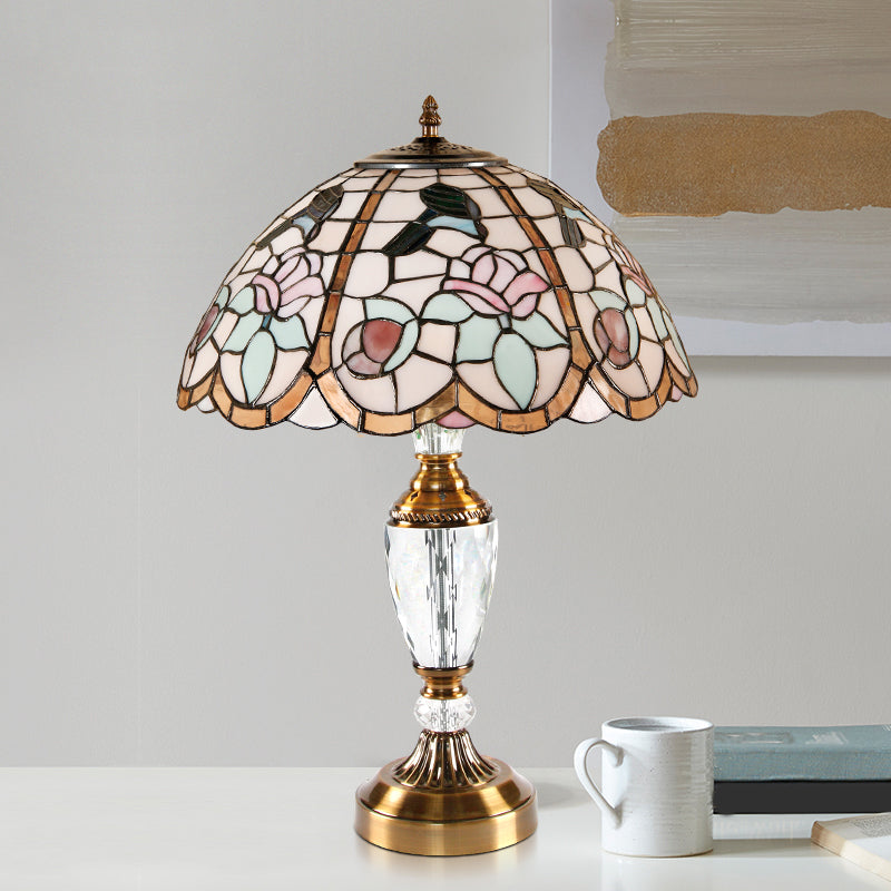 Domed Table Light 1 Head Stained Glass Tiffany Nightstand Lamp with Rose Pattern in White White Clearhalo 'Lamps' 'Table Lamps' Lighting' 1694111