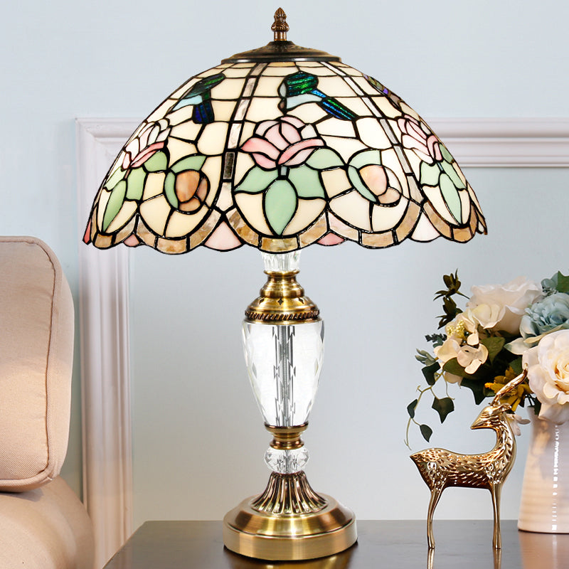 Domed Table Light 1 Head Stained Glass Tiffany Nightstand Lamp with Rose Pattern in White Clearhalo 'Lamps' 'Table Lamps' Lighting' 1694112
