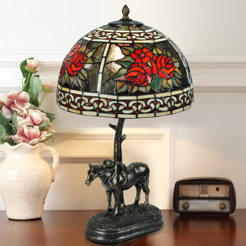 Stained Glass Bronze Desk Lamp Bowl 1-Bulb Vintage Night Table Light with Boy on Horse Deco Clearhalo 'Lamps' 'Table Lamps' Lighting' 1694116