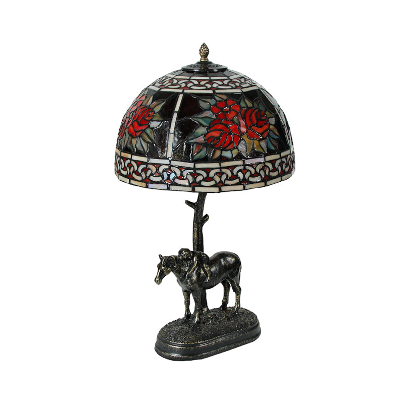 Stained Glass Bronze Desk Lamp Bowl 1-Bulb Vintage Night Table Light with Boy on Horse Deco Clearhalo 'Lamps' 'Table Lamps' Lighting' 1694117
