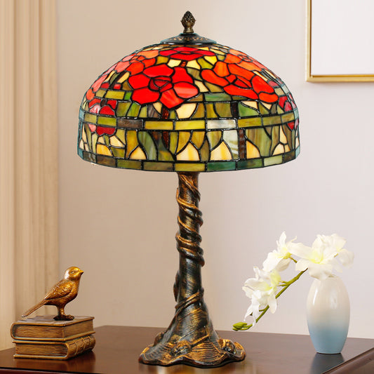 Dome Desk Lamp Tiffany-Style Multicolored Stained Glass 1-Light Green-Red Task Lighting with Trunk Base Bronze Clearhalo 'Lamps' 'Table Lamps' Lighting' 1694162