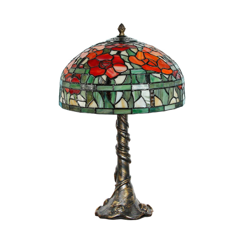 Dome Desk Lamp Tiffany-Style Multicolored Stained Glass 1-Light Green-Red Task Lighting with Trunk Base Clearhalo 'Lamps' 'Table Lamps' Lighting' 1694164