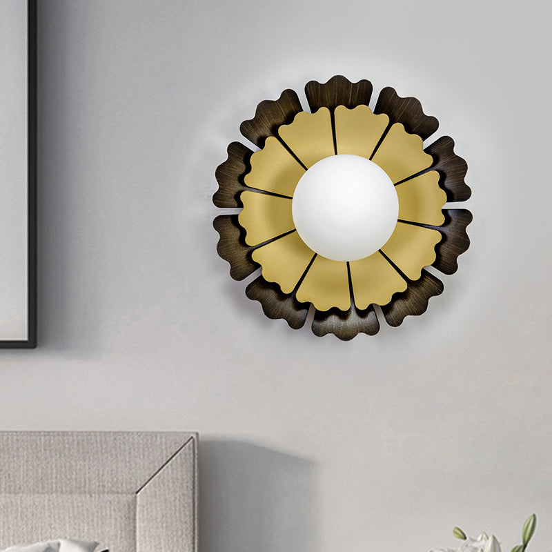 Sunflower Bedroom Wall Mounted Light Opal Glass 1 Bulb Kids Wall Lighting in Black-Gold Black-Gold Clearhalo 'Wall Lamps & Sconces' 'Wall Lights' Lighting' 1694204