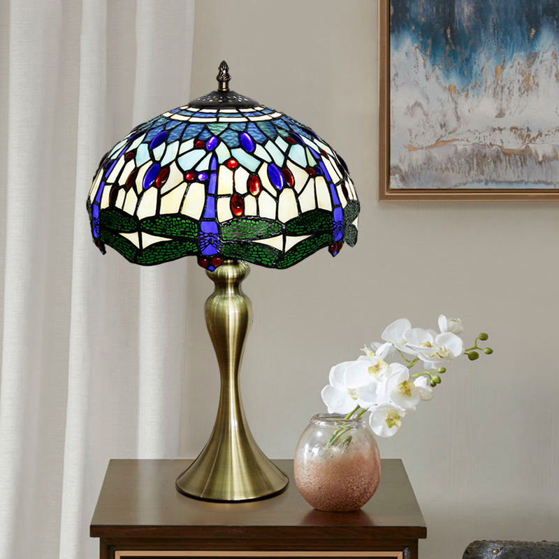 Blue 1 Head Table Lighting Mediterranean Stained Glass Scalloped Nightstand Lamp with Beaded Blue Clearhalo 'Lamps' 'Table Lamps' Lighting' 1694212