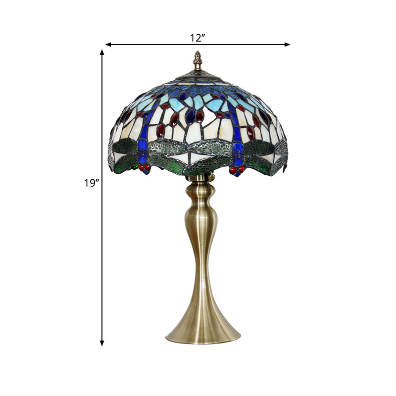 Blue 1 Head Table Lighting Mediterranean Stained Glass Scalloped Nightstand Lamp with Beaded Clearhalo 'Lamps' 'Table Lamps' Lighting' 1694215